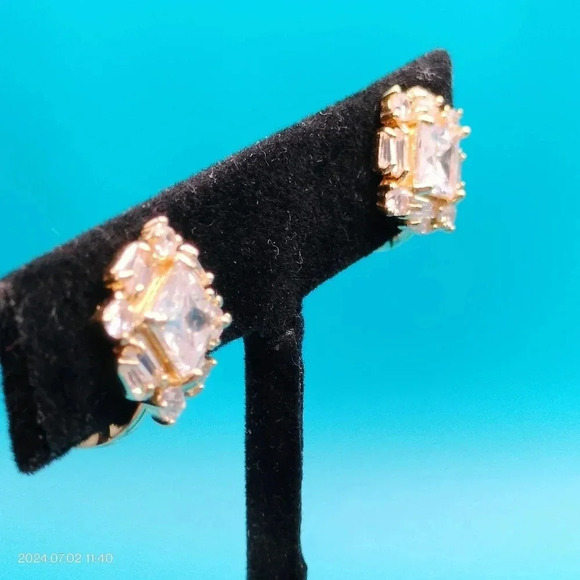 TJG Gold Tone Square Baguette Rhinestone Clip On Earrings - Picture 4 of 10